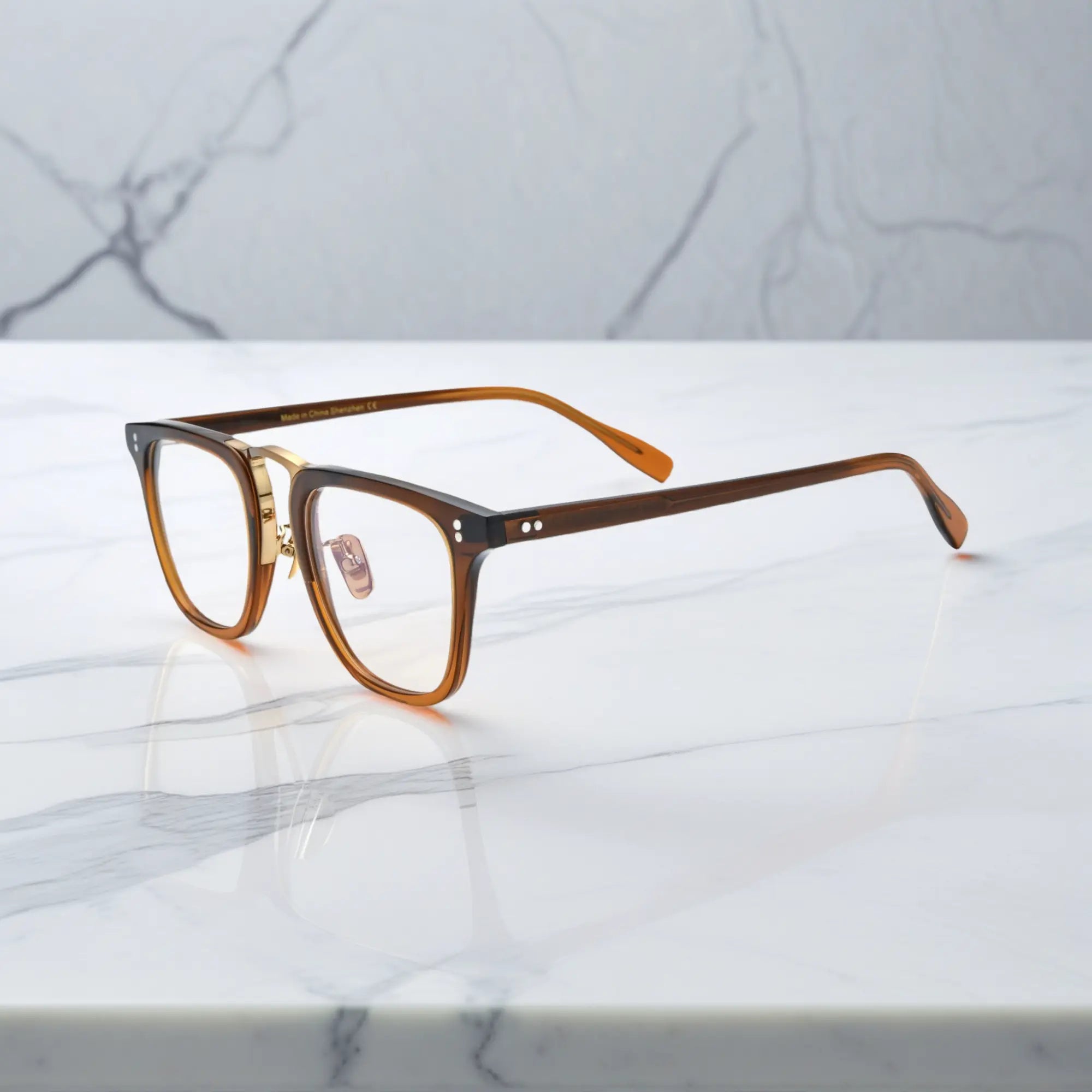 Side profile of VoyueLens™ VL19214 brown square eyeglasses highlighting slim temples and embedded metal hinge construction.